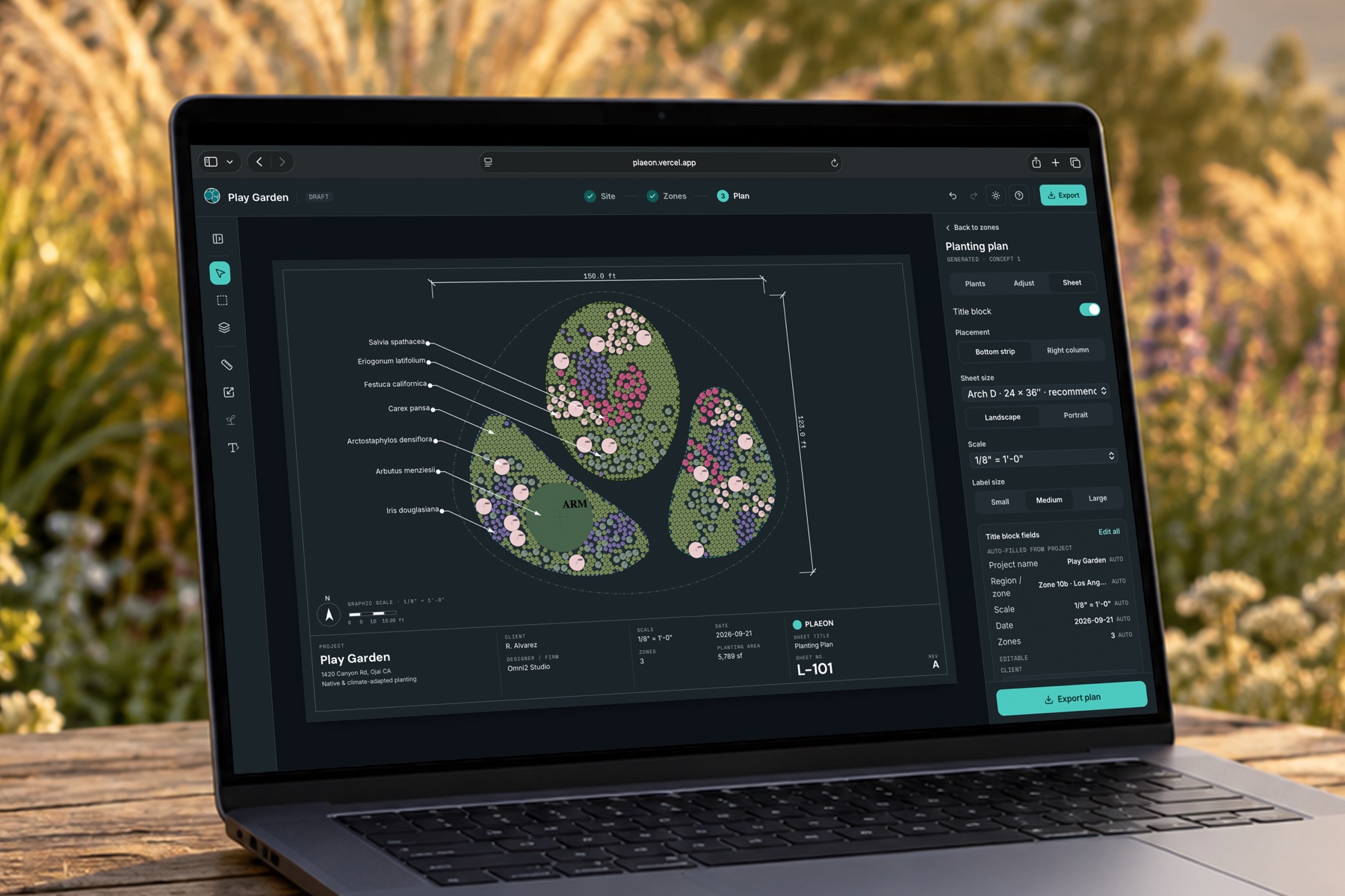 PLAEON planting plan open on a laptop in a native meadow