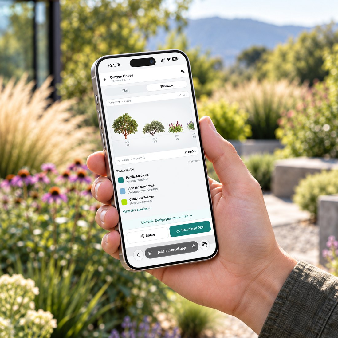 PLAEON open on a phone held in a garden, showing the elevation view with plant palette, share, and download PDF
