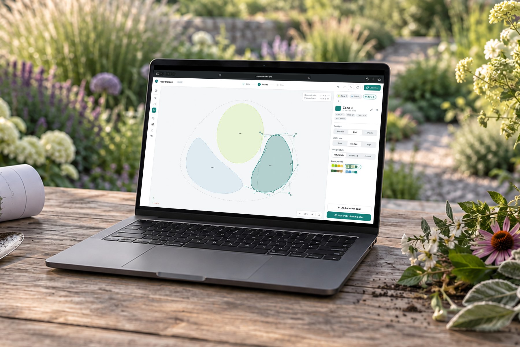 PLAEON canvas: painting planting zones with per-zone sun, water, style, and palette controls, open on a laptop in a garden